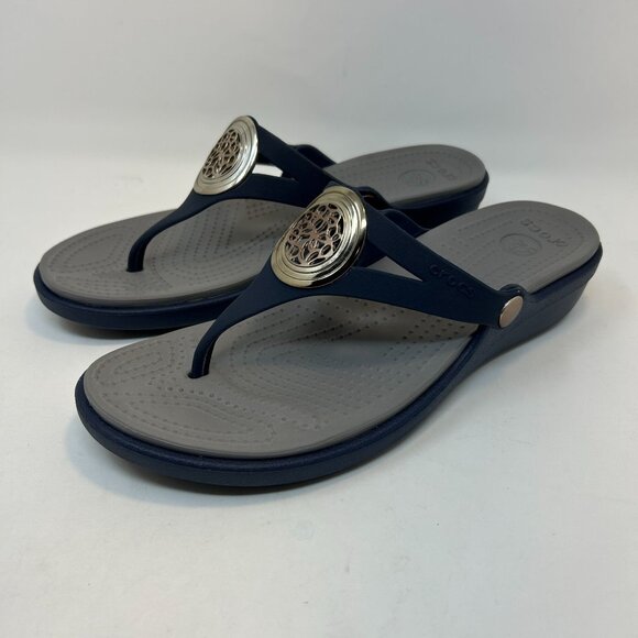 Crocs Sanrah Circle Slide Wedge Flip Sandal Women's 10 Navy Blue Gray - Picture 6 of 9